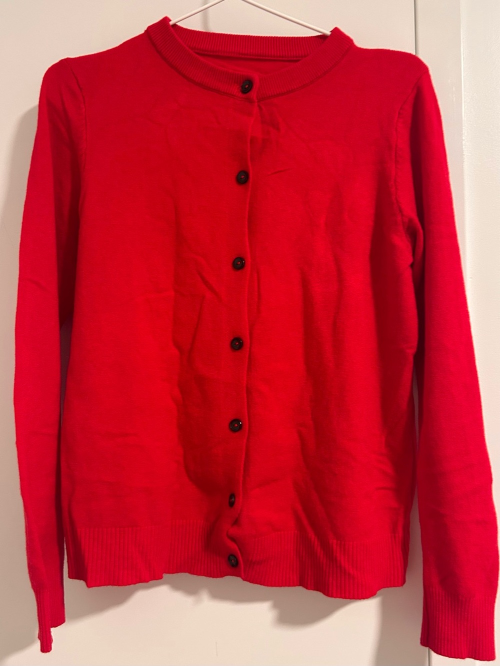 Wool Scarlet Red Cardigan Sweater with Hand Stitching Wood Buttons